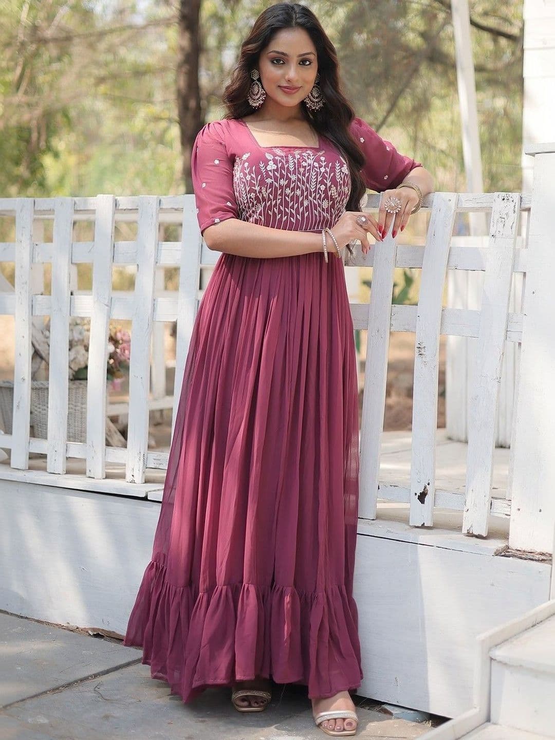 Sangria Ethnic Motifs Embroidered Sequinned Fit & Flare Maxi Georgette Ethnic Dresses - view 1