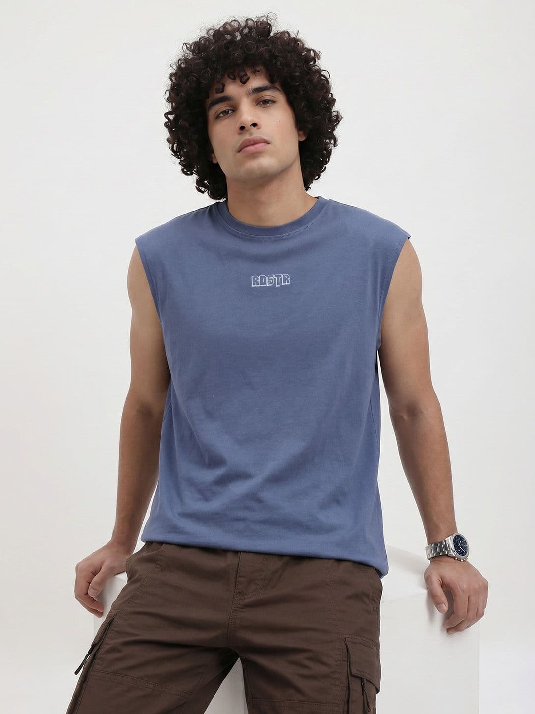 The Roadster Life Co. Typography Sleeveless Pure Cotton T-shirt - view 1