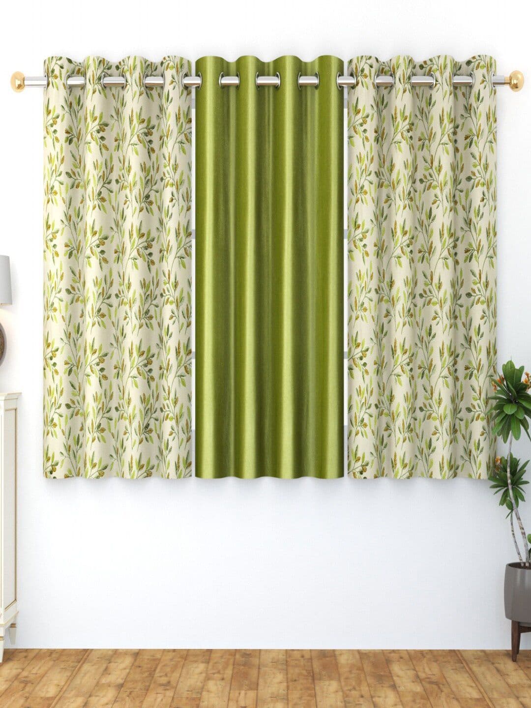 Homefab India Ferncombo Green & White 3 Pieces Floral Window Curtains - view 1