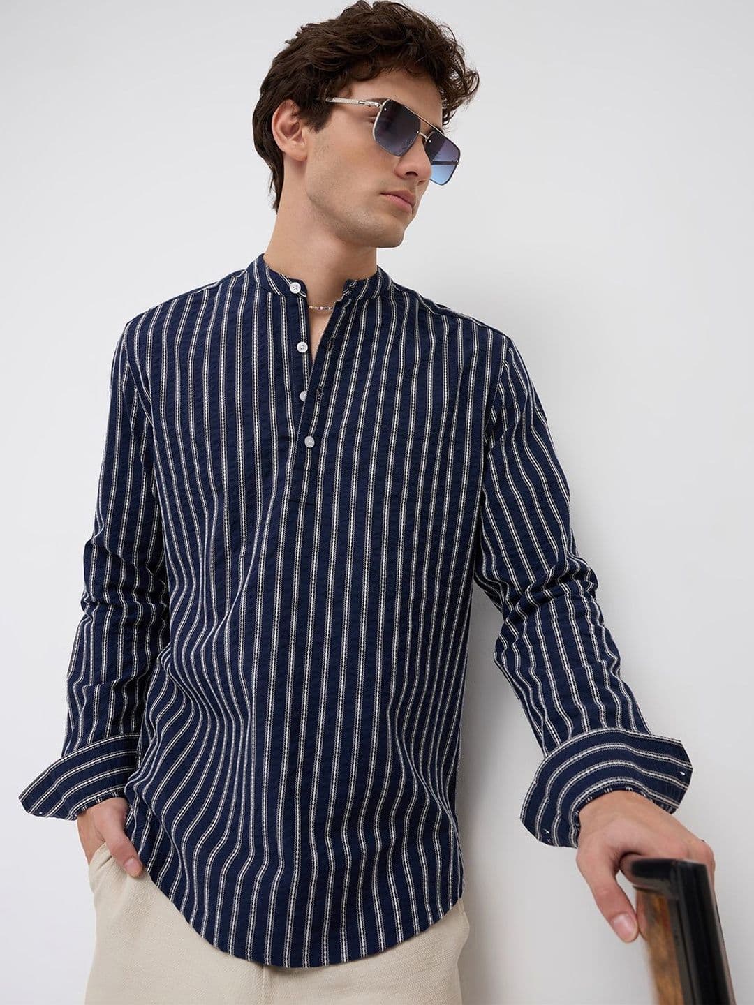 VASTRADO Luxe Coastal Navy Motif Embroidered Striped Kurta - view 1