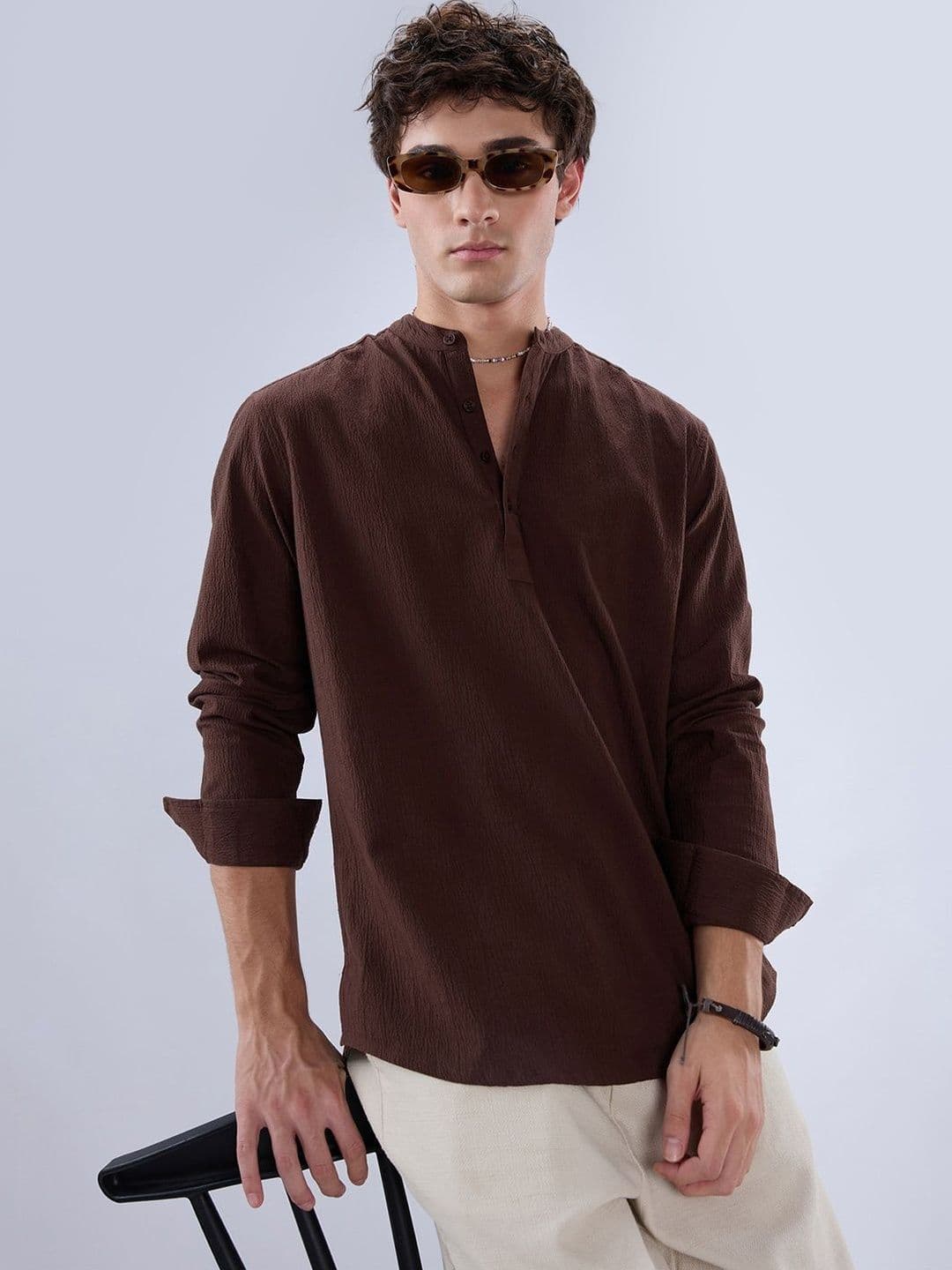 VASTRADO Chocolate Brown Subtle Textured Kurta - view 1