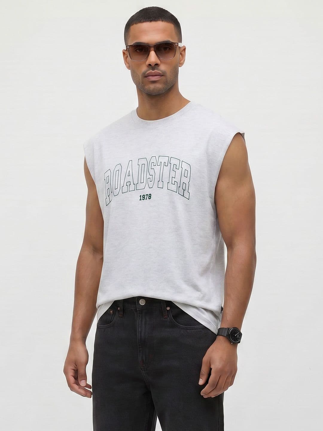 The Roadster Life Co. Typography Sleeveless Pure Cotton T-shirt - view 1