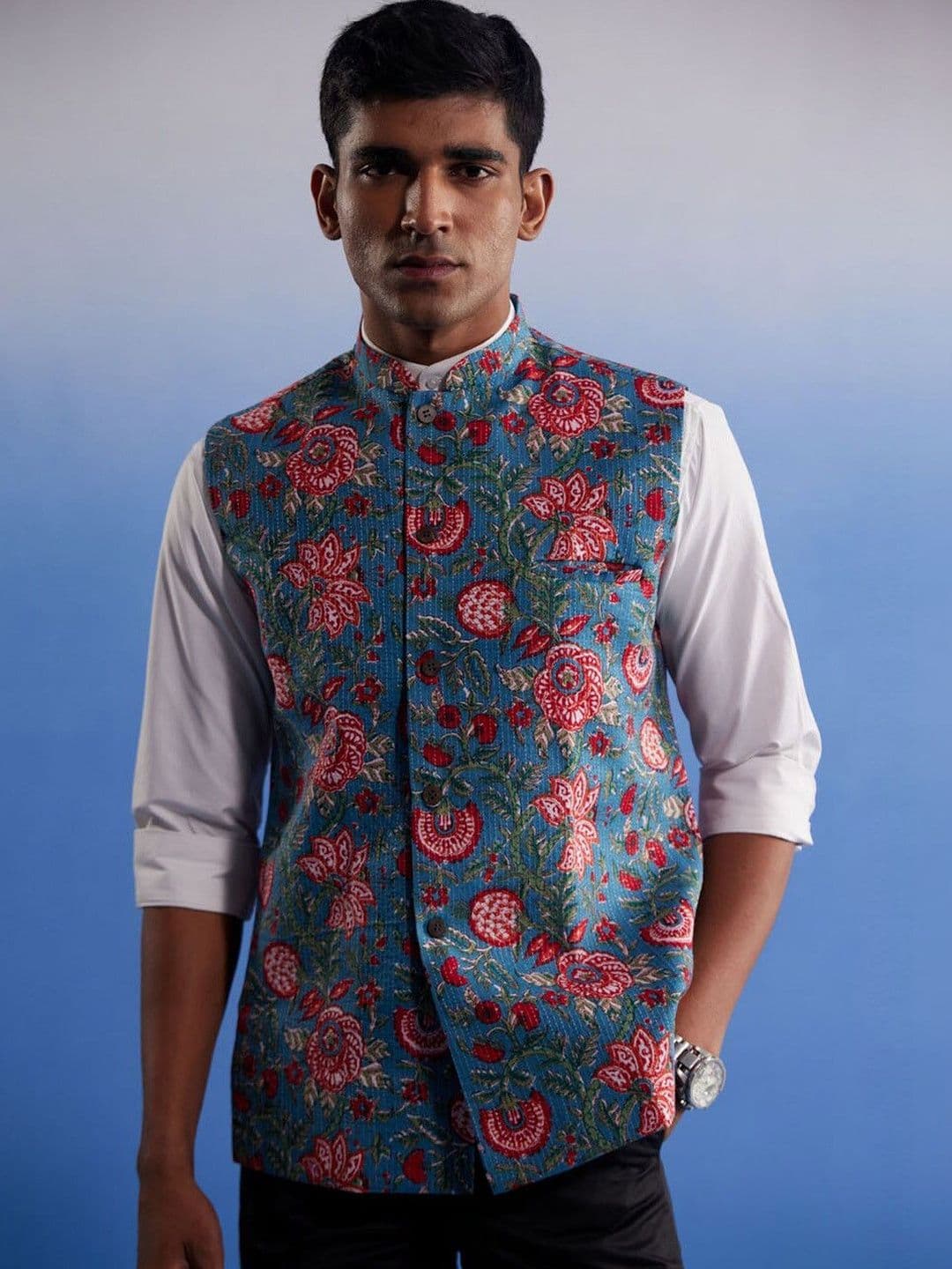 VASTRAMAY Men Kalamkari Printed Kantha Work Cotton Nehru Jacket - view 1