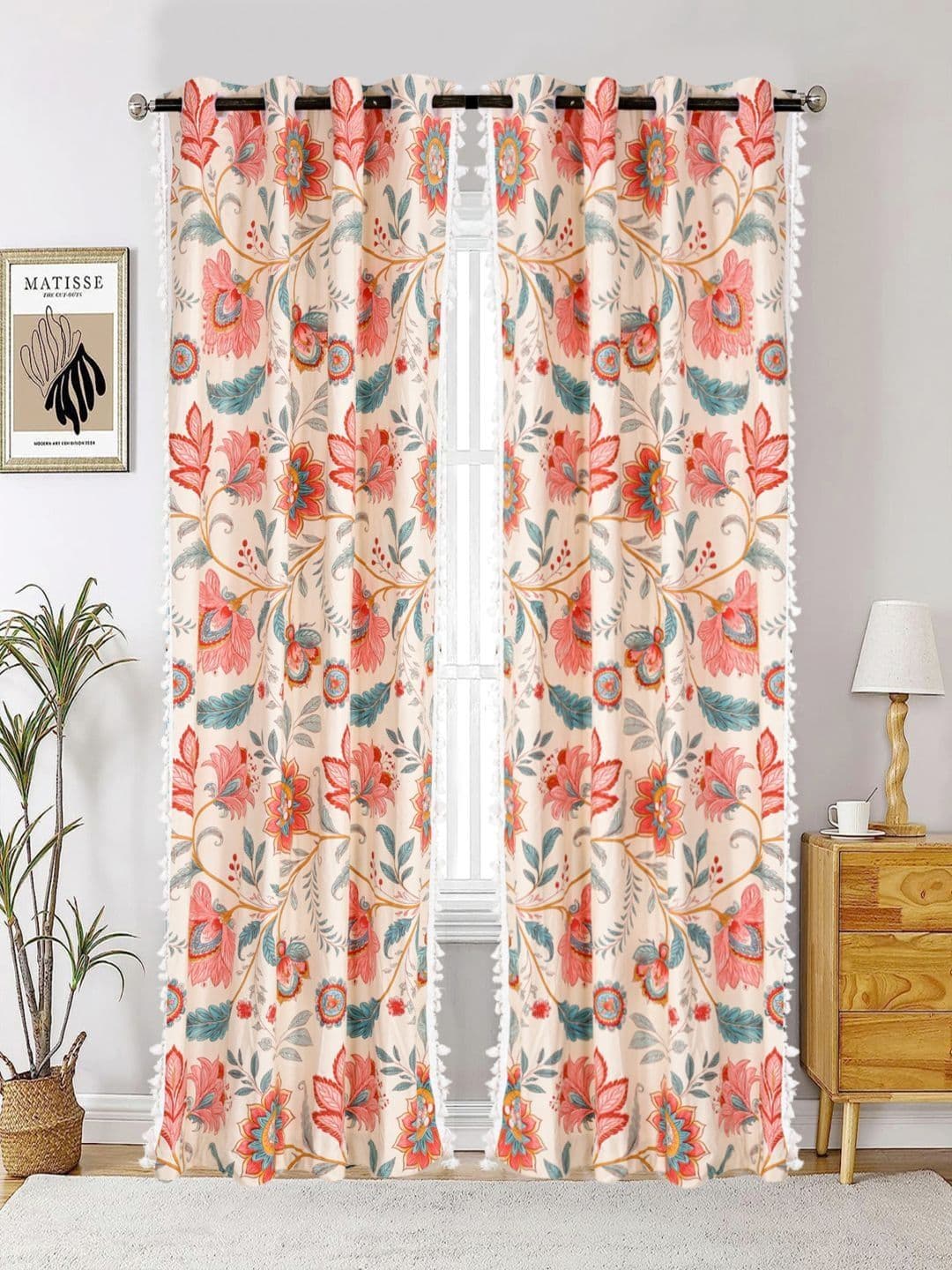 Aura Red & Cream-Coloured Set of 2 Floral Door Curtain - view 1
