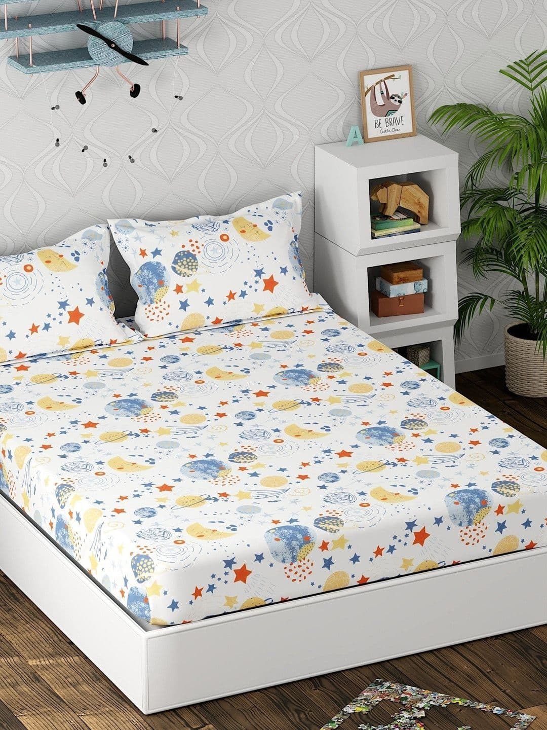 Pure Decor Kids Cartoon Cradle White Cartoon 250TC Cotton Double Bed Bedsheet & 2 Covers - view 1