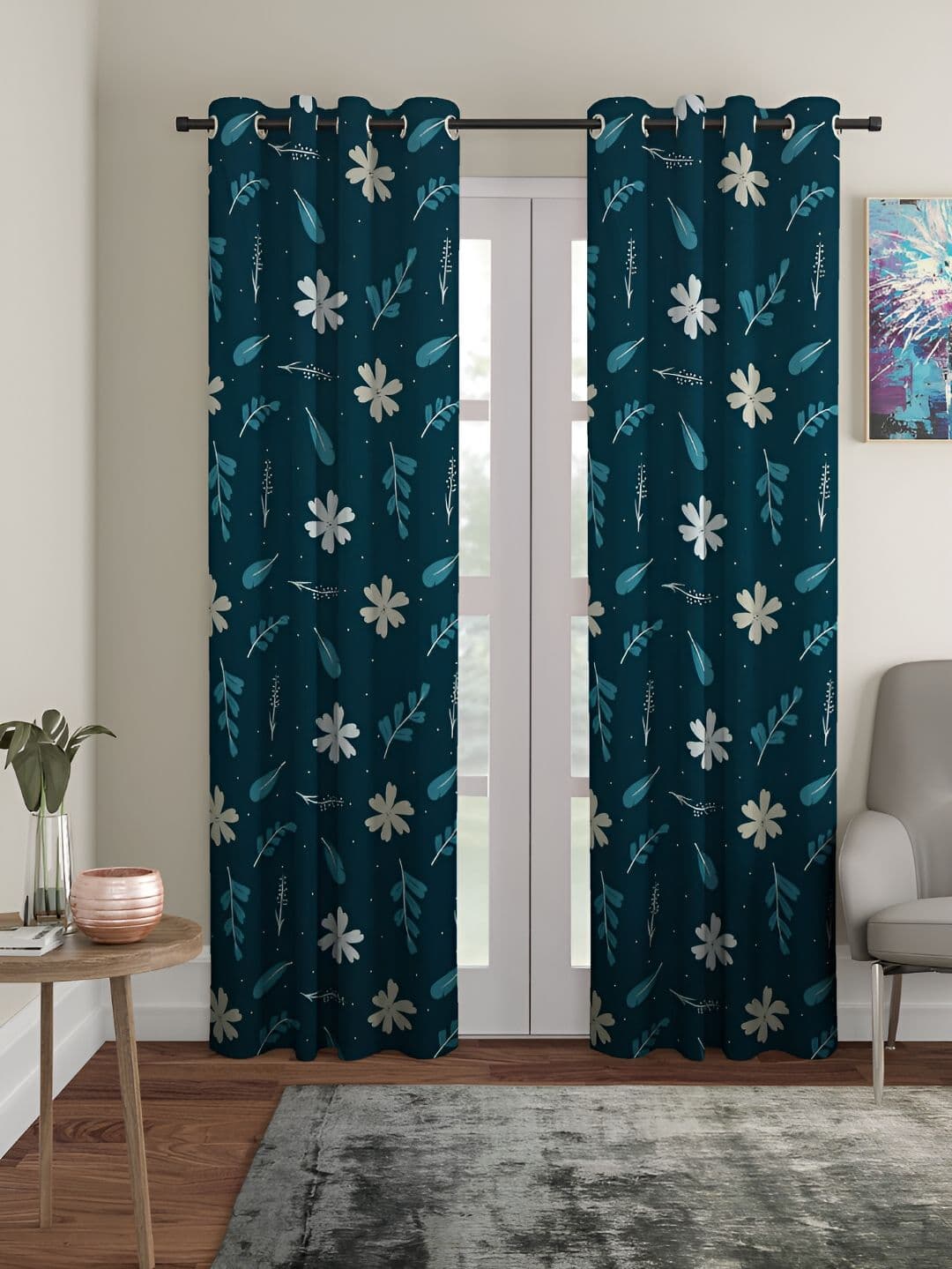Aura Green & White 2 Pieces Floral Printed Eyelet Door Curtains - view 1