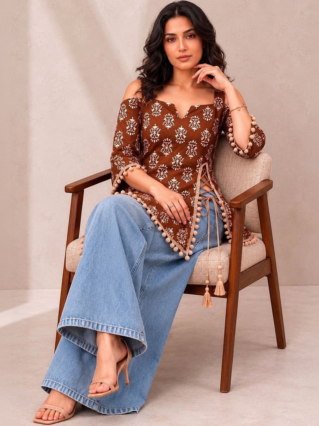 KATARA FASHION Print Cold-Shoulder Ethnic Top - view 1