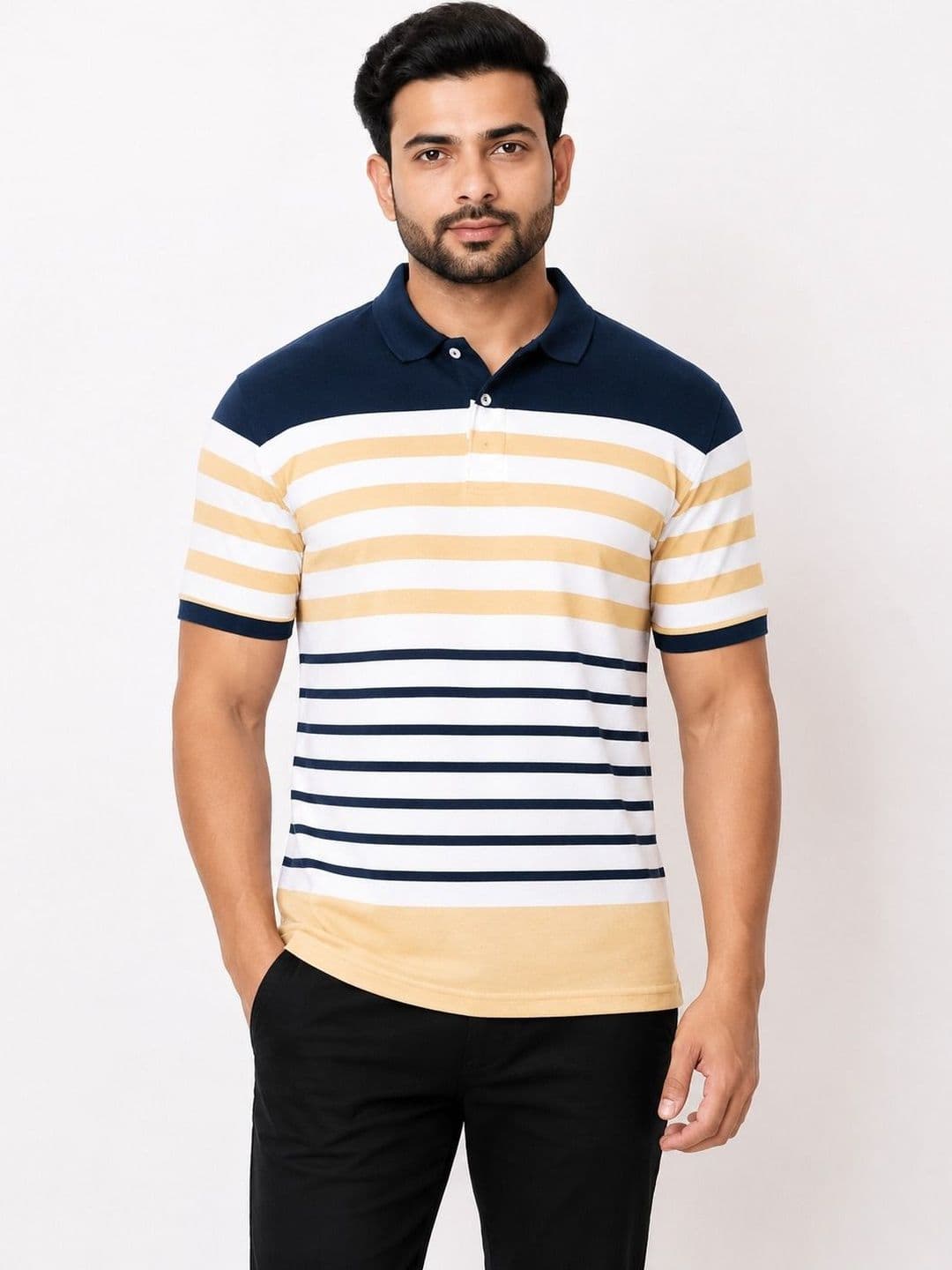 WILD COPS Men Striped Polo Collar T-shirt - view 1