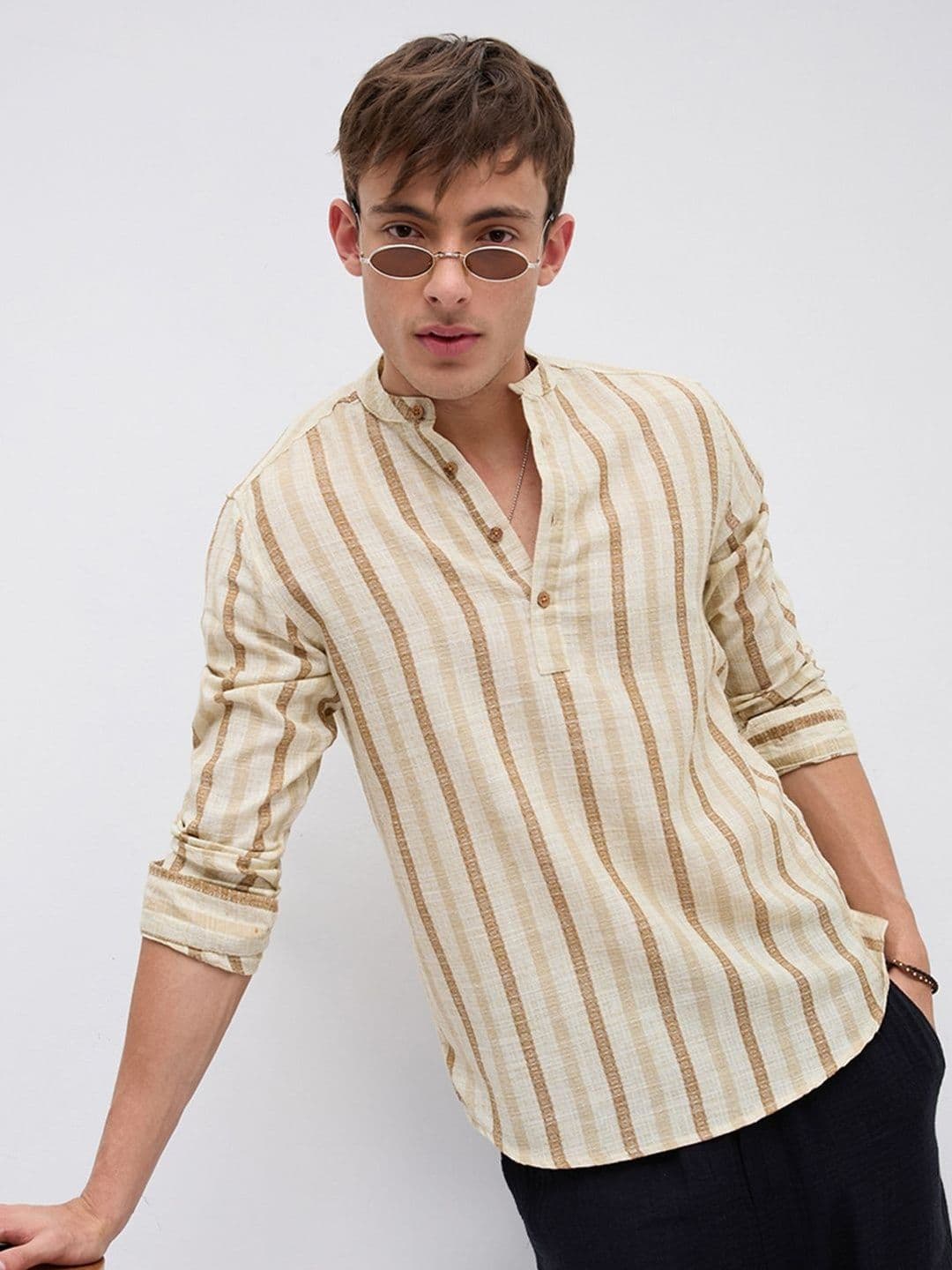 VASTRADO Dessert Sand Beige Jacquard Woven Striped Kurta - view 1