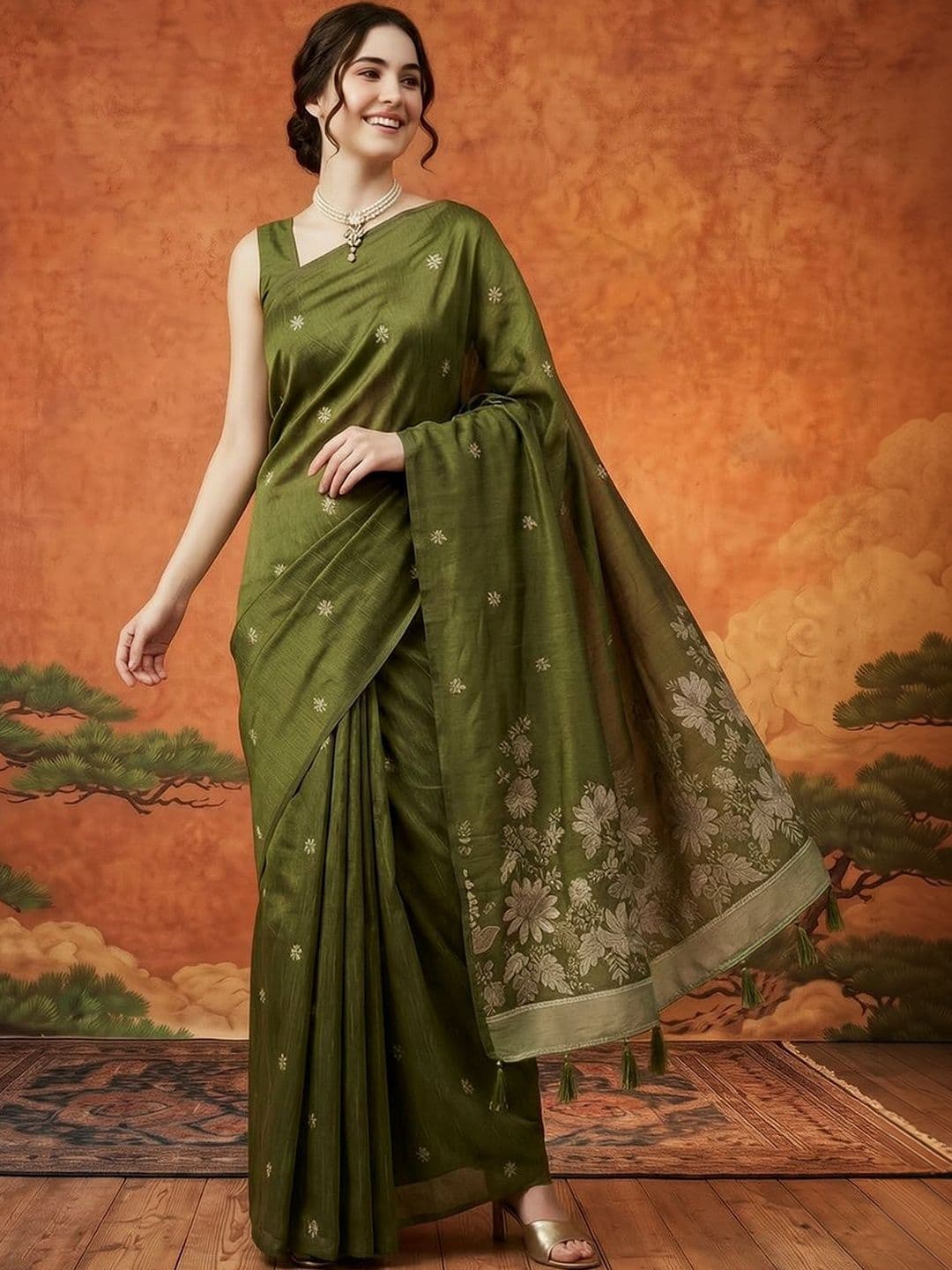 Sangria Floral Embroidered Pure Cotton Designer Kanjeevaram Saree - view 1