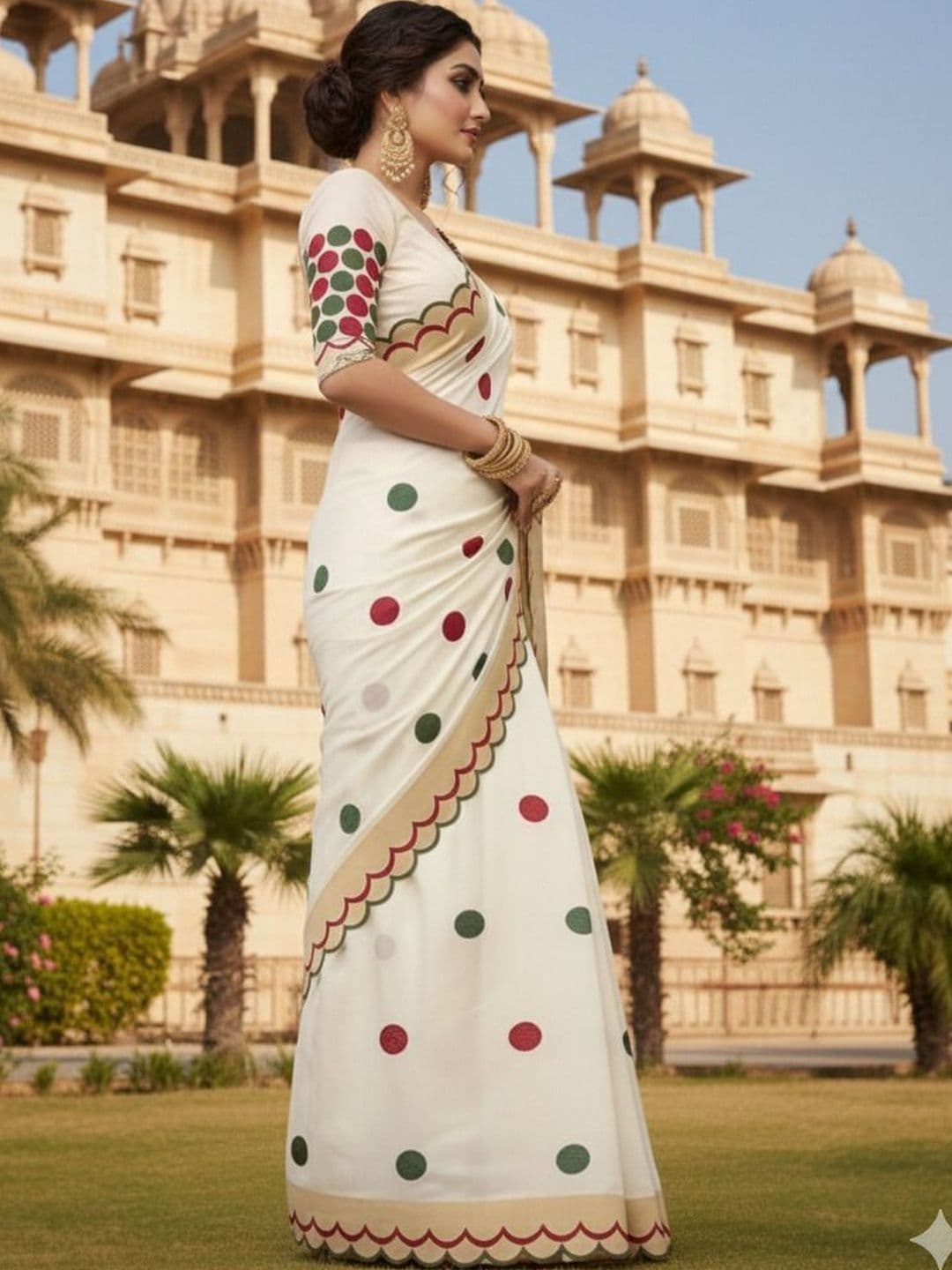Krujha Polka Dot Aari Work Pure Linen Designer Block Print Saree - view 1
