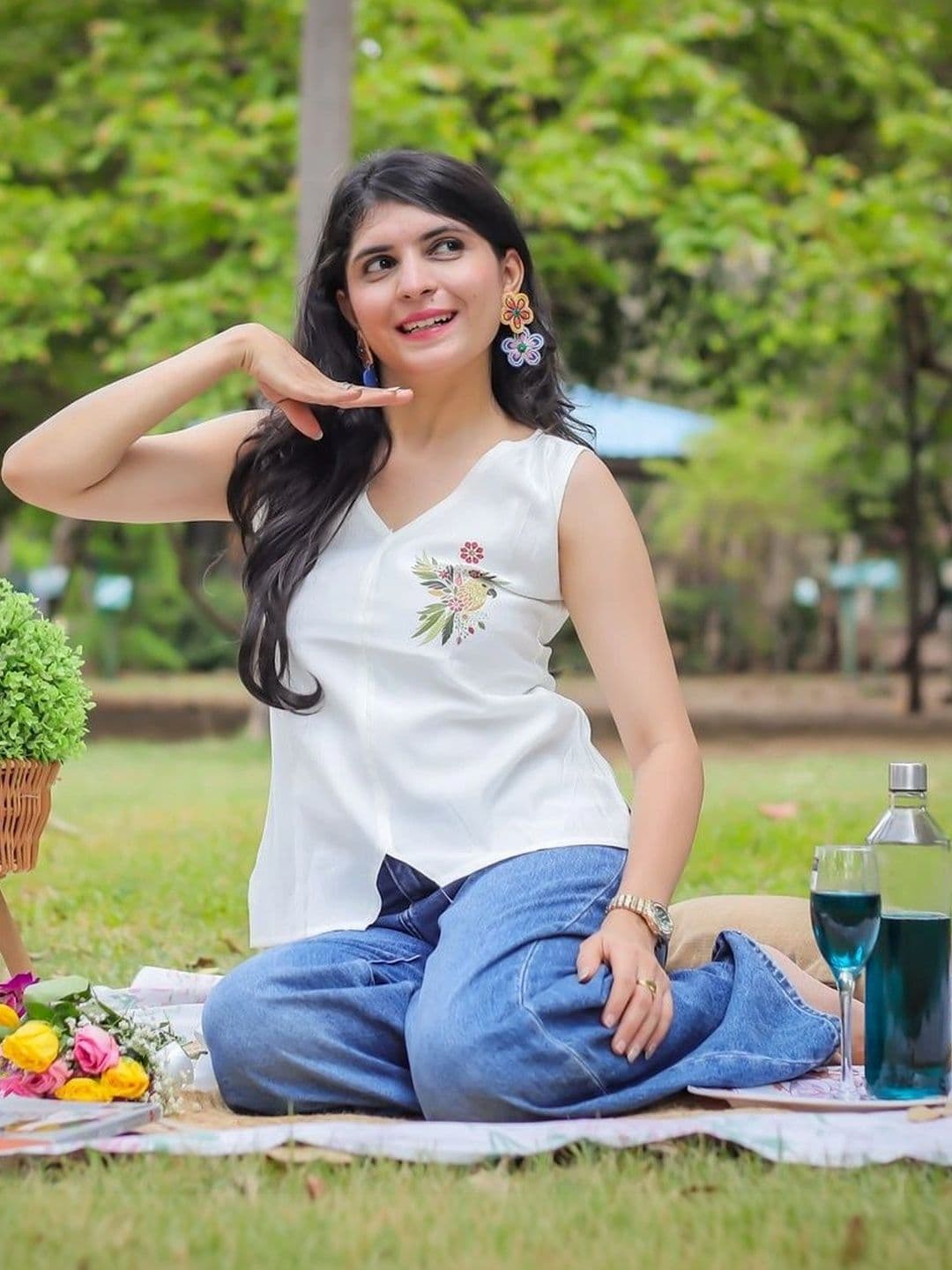 DAMAAR TEXTILE Floral Embroidered Placement Print Top - view 1