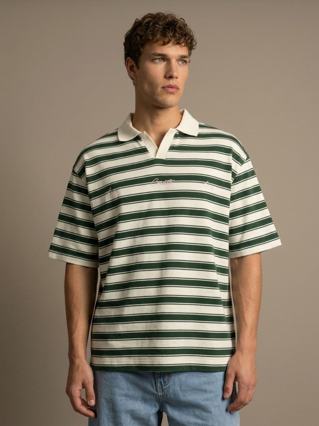 glitchez Striped Polo Collar Drop-Shoulder Sleeves Oversized T-shirt - view 1