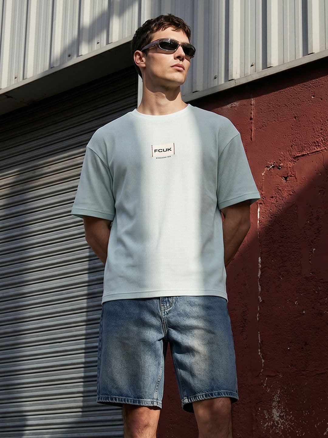 FCUK Self Design Drop-Shoulder Sleeves Oversized Pure Cotton T-shirt - view 1