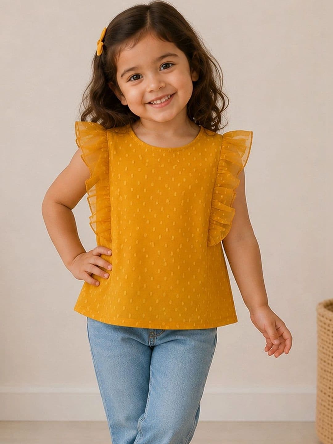 Purple United Kids Girls Dobby Cotton Flutter Sleeves Breathable Relaxed Feel Mustard Top - view 1