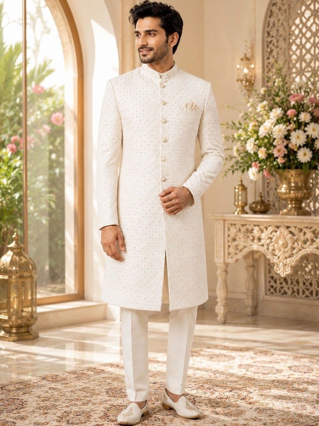House of Pataudi Embroidered Pure Cotton Mandarin Collar Sherwani Set - view 1