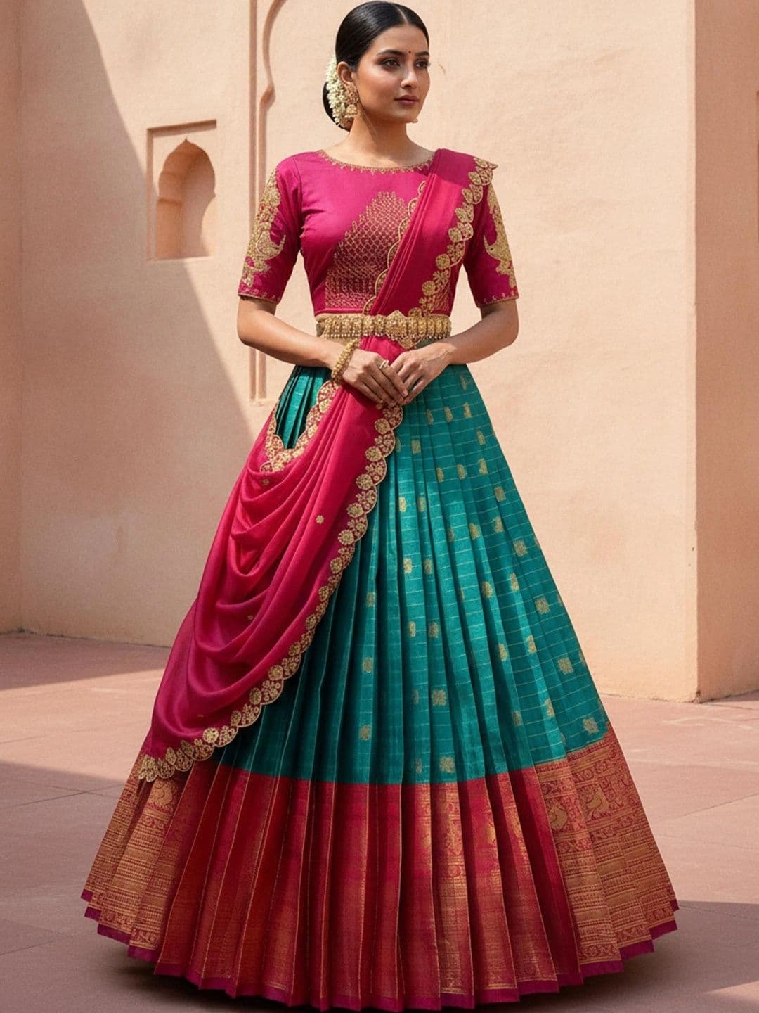 Pink Bindi Embroidered Thread Work Unstitched Lehenga & Blouse With Dupatta - view 1
