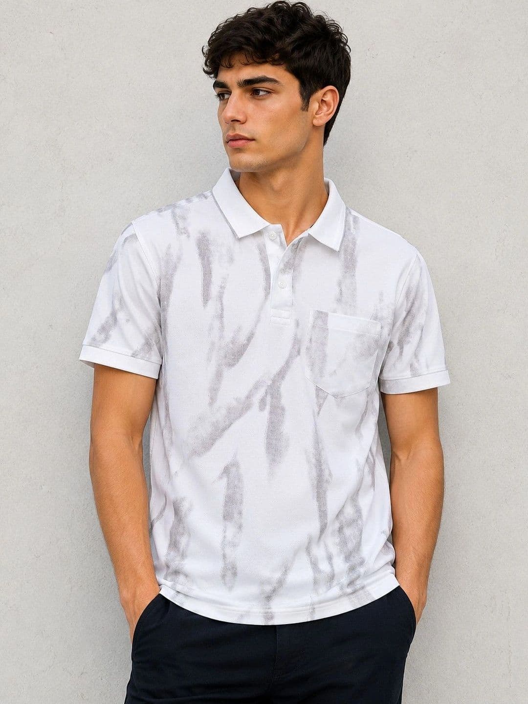 OKIA Men Tie and Dye Printed Polo Collar Linen Blend Pockets T-shirt - view 1