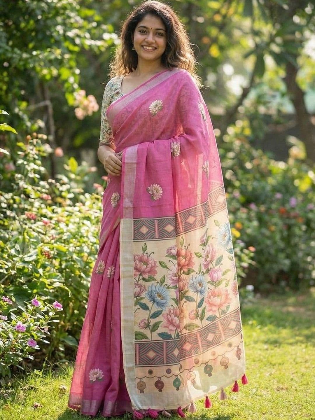 nisha creation Floral Linen Blend Saree - view 1