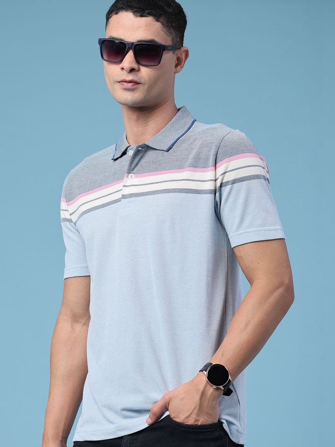 V-Mart Men Striped Polo Collar T-shirt - view 1