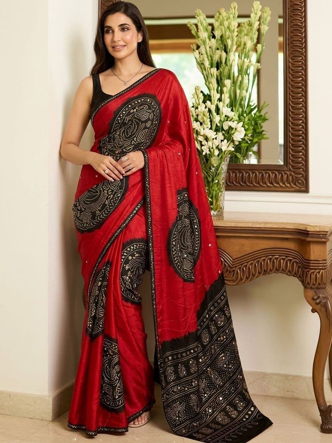 Sangria Ethnic Motifs Sequinned Heavy Work Block Print Saree - view 1