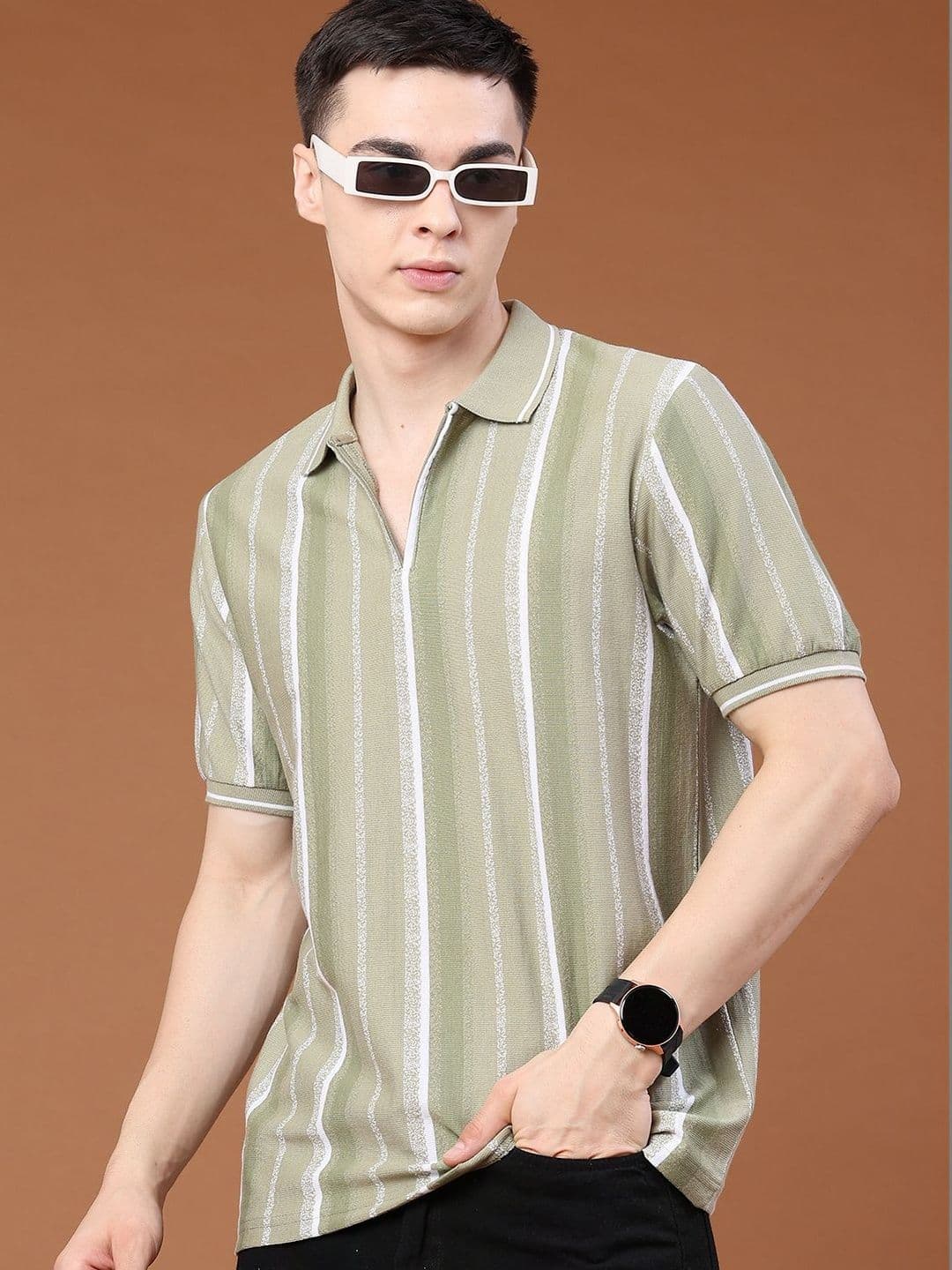 V-Mart Men Striped Polo Collar T-shirt - view 1