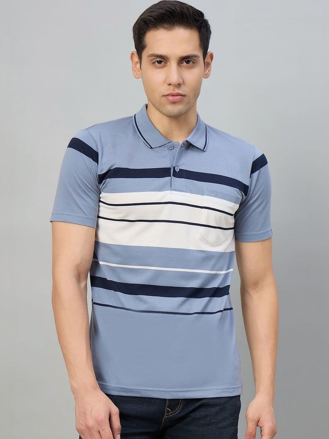 Duke Men Striped Polo Collar Pockets T-shirt - view 1