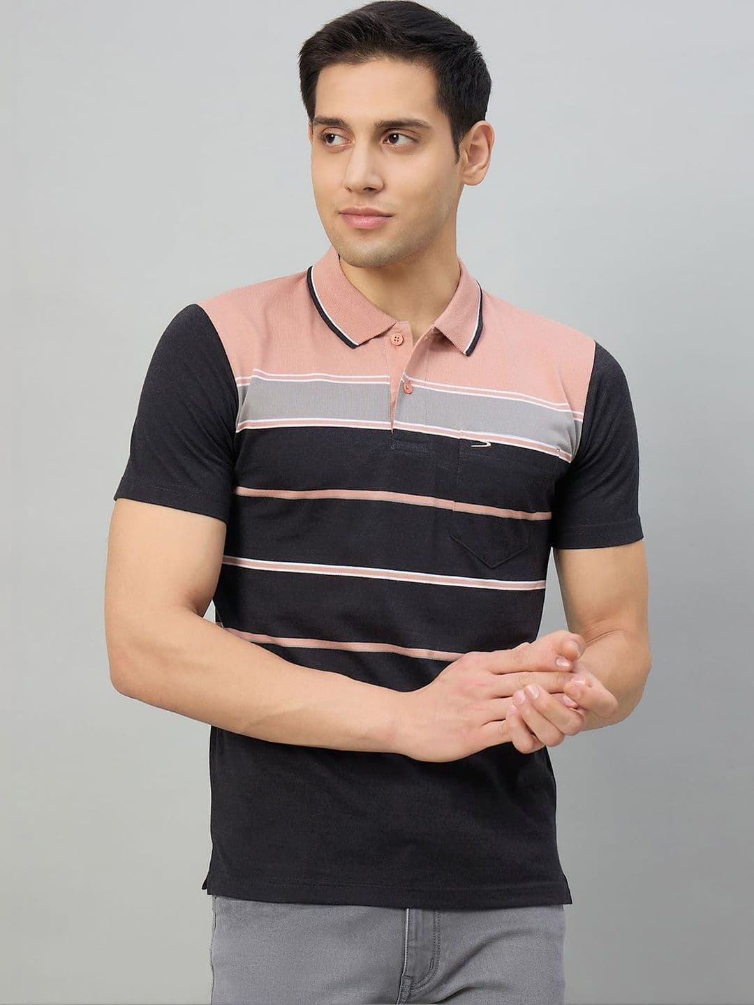 Duke Men Striped Polo Collar Pockets T-shirt - view 1