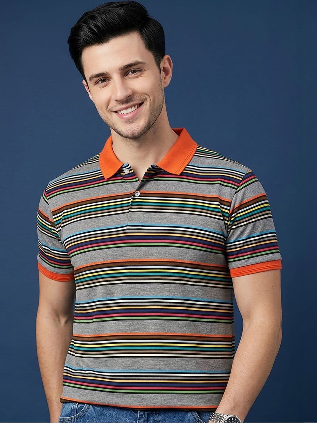 Moda Rapido Men Striped Polo Collar T-shirt - view 1