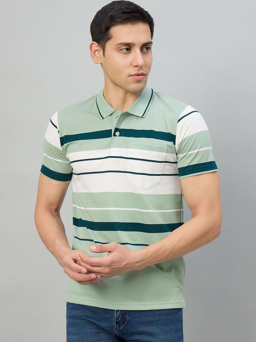Duke Men Striped Polo Collar Pockets T-shirt - view 1