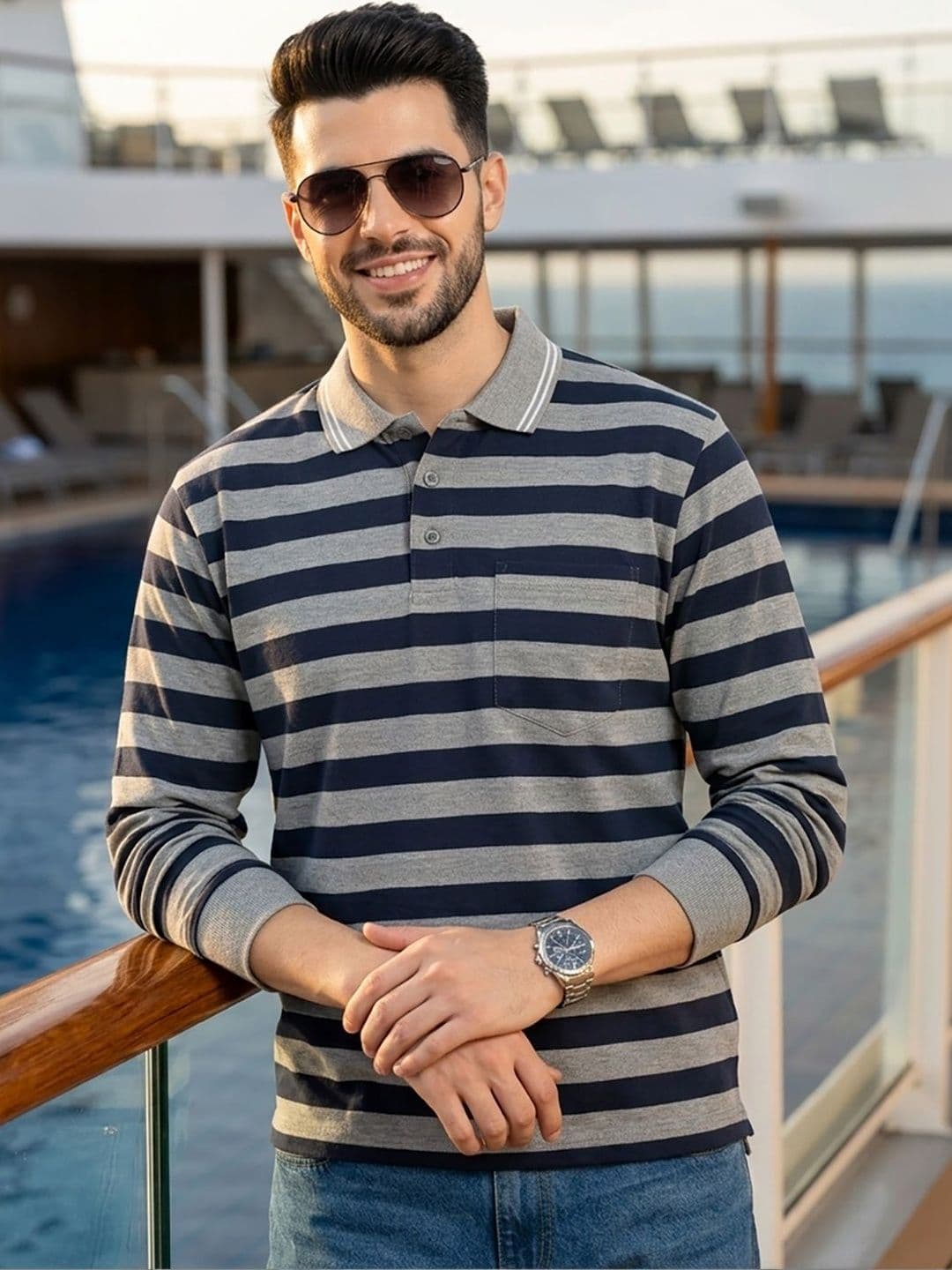Moda Rapido Men Striped Polo Collar Pockets T-shirt - view 1