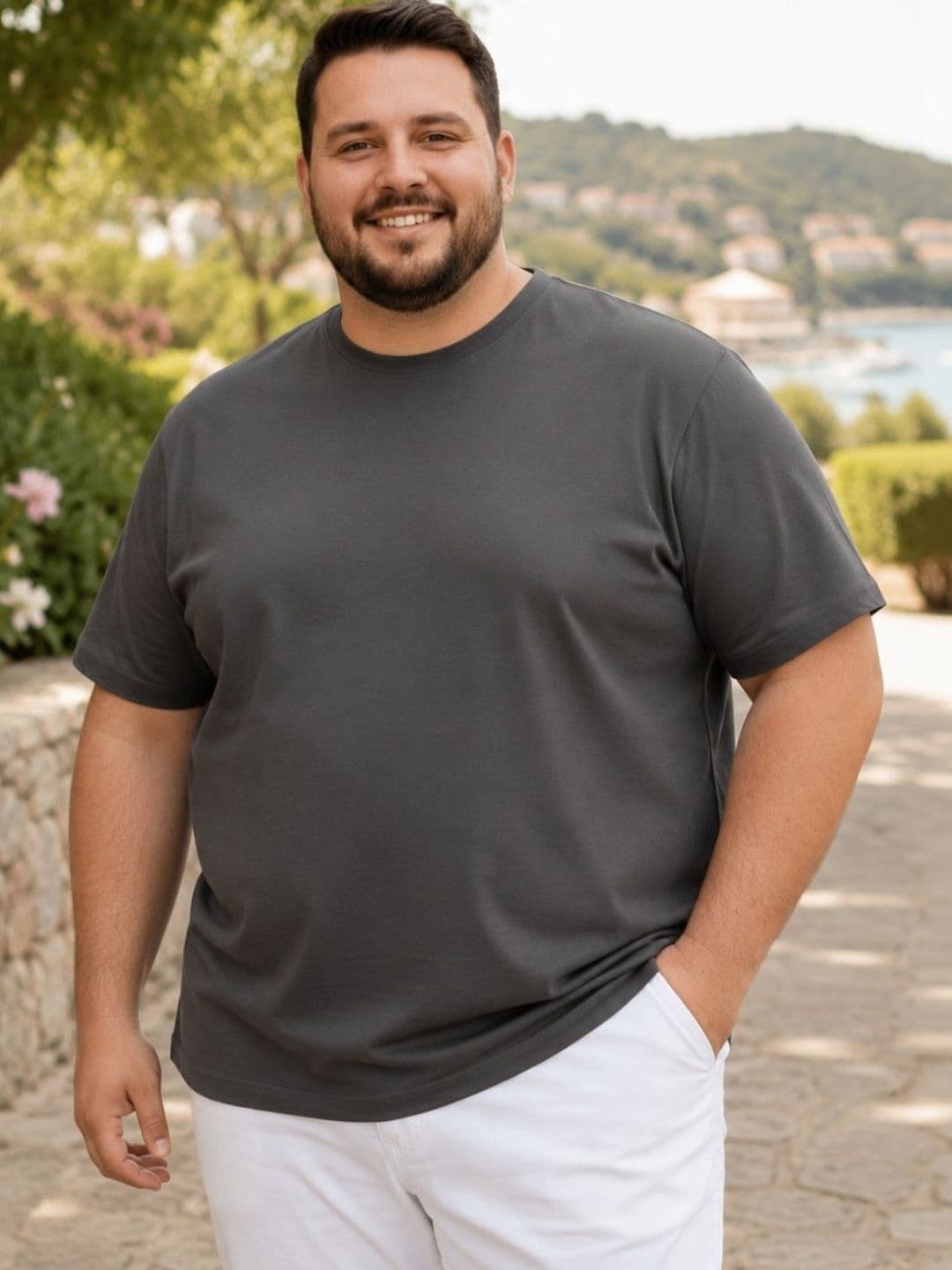 Mast & Harbour Rigo Plus Size Men Dark Grey Solid Round Neck Regular Fit Cotton T-shirt - view 1