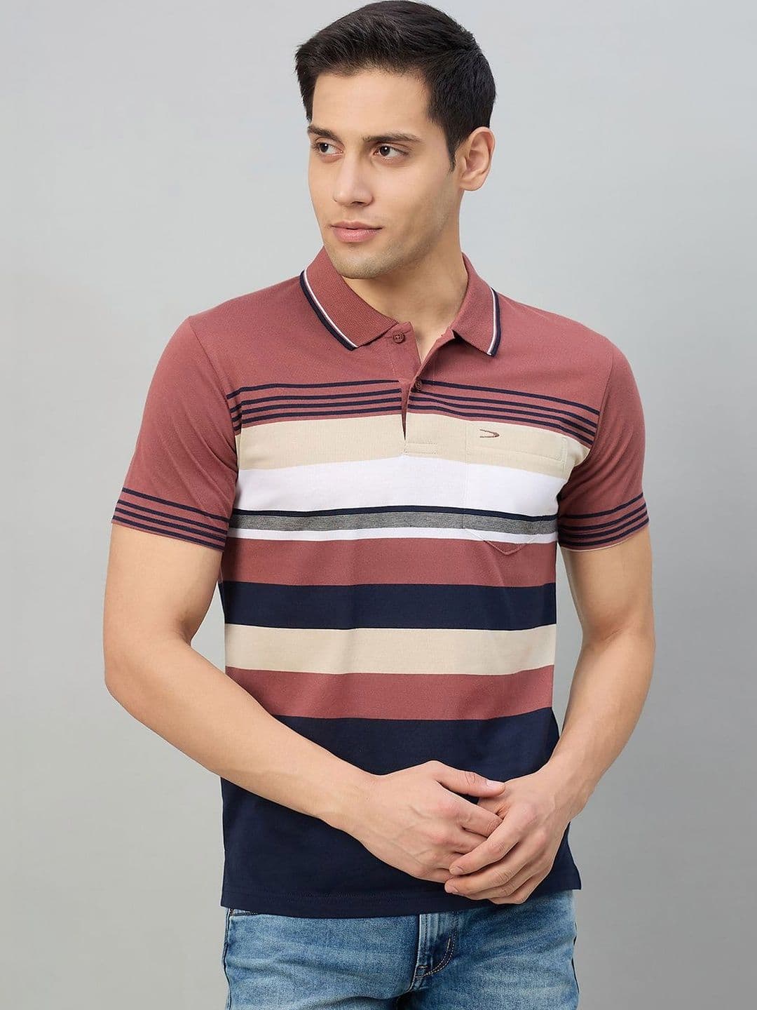 Duke Men Striped Polo Collar Pockets T-shirt - view 1