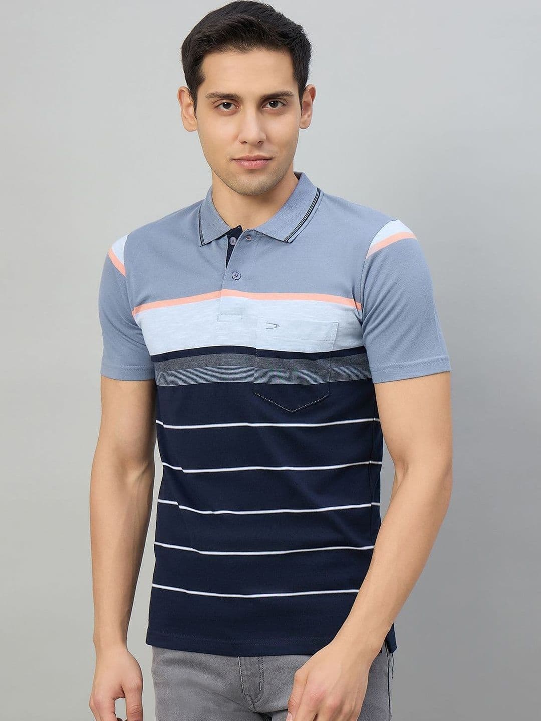 Duke Men Striped Polo Collar Pockets T-shirt - view 1