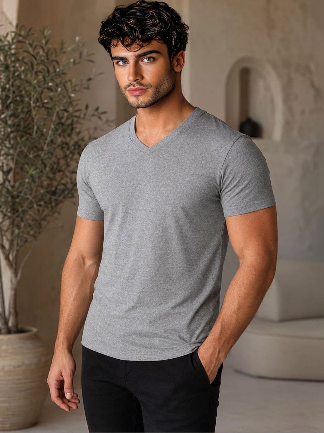 FBAR Men Solid Cotton V Neck T Shirt - view 1