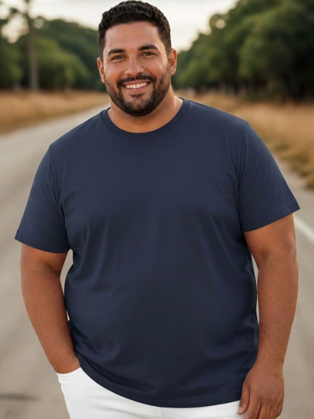 HERE&NOW Rigo Plus Size Men Navy Blue Solid Round Neck Regular Fit Cotton T-shirt - view 1