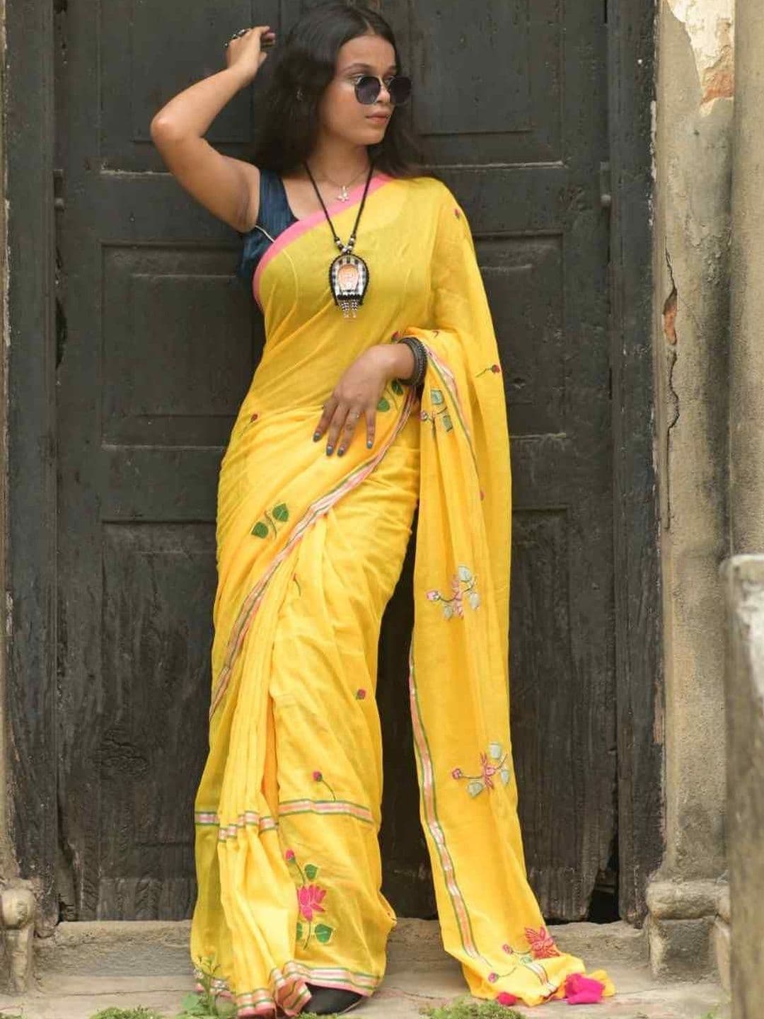 Sangria Floral Embroidered Cotton Khadi Saree - view 1