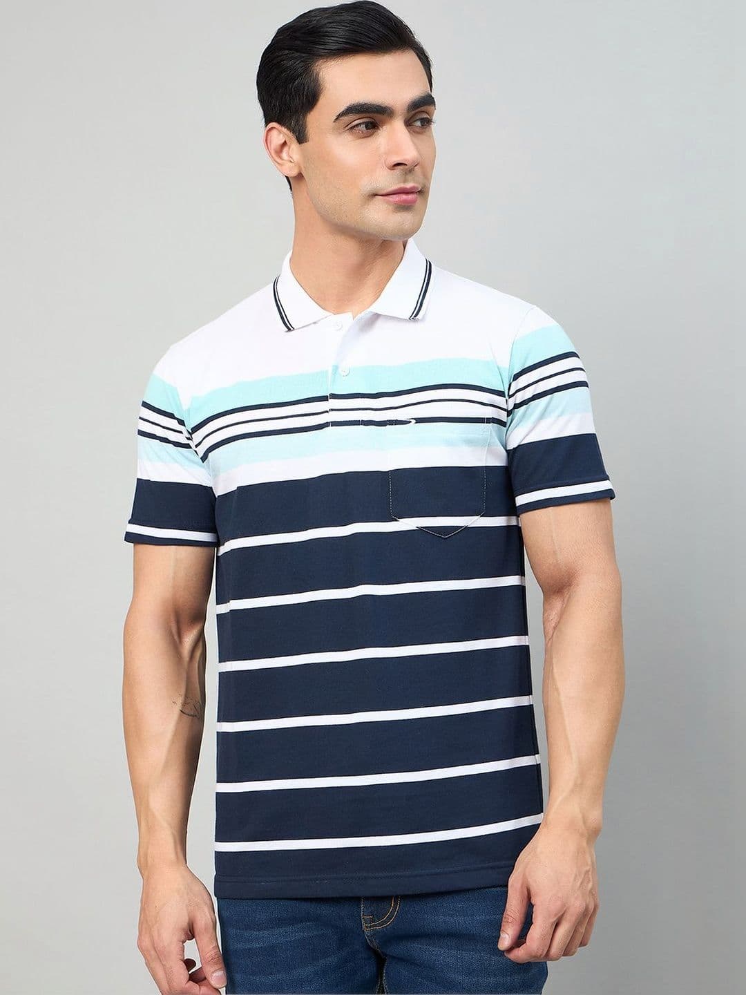 Duke Men Striped Polo Collar Pockets T-shirt - view 1