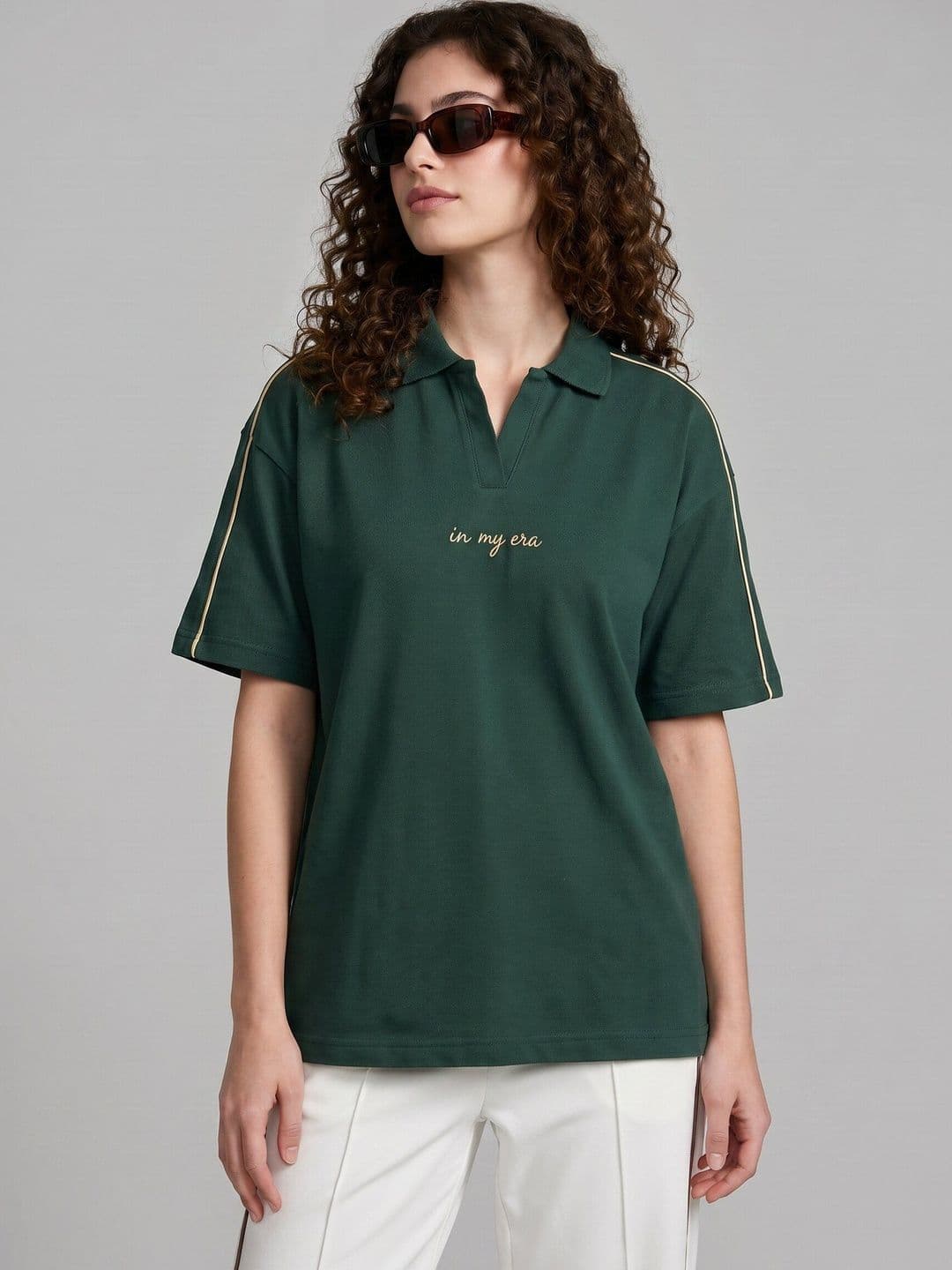 glitchez Green Women Typography Polo Collar Relaxed Fit T-shirt - view 1