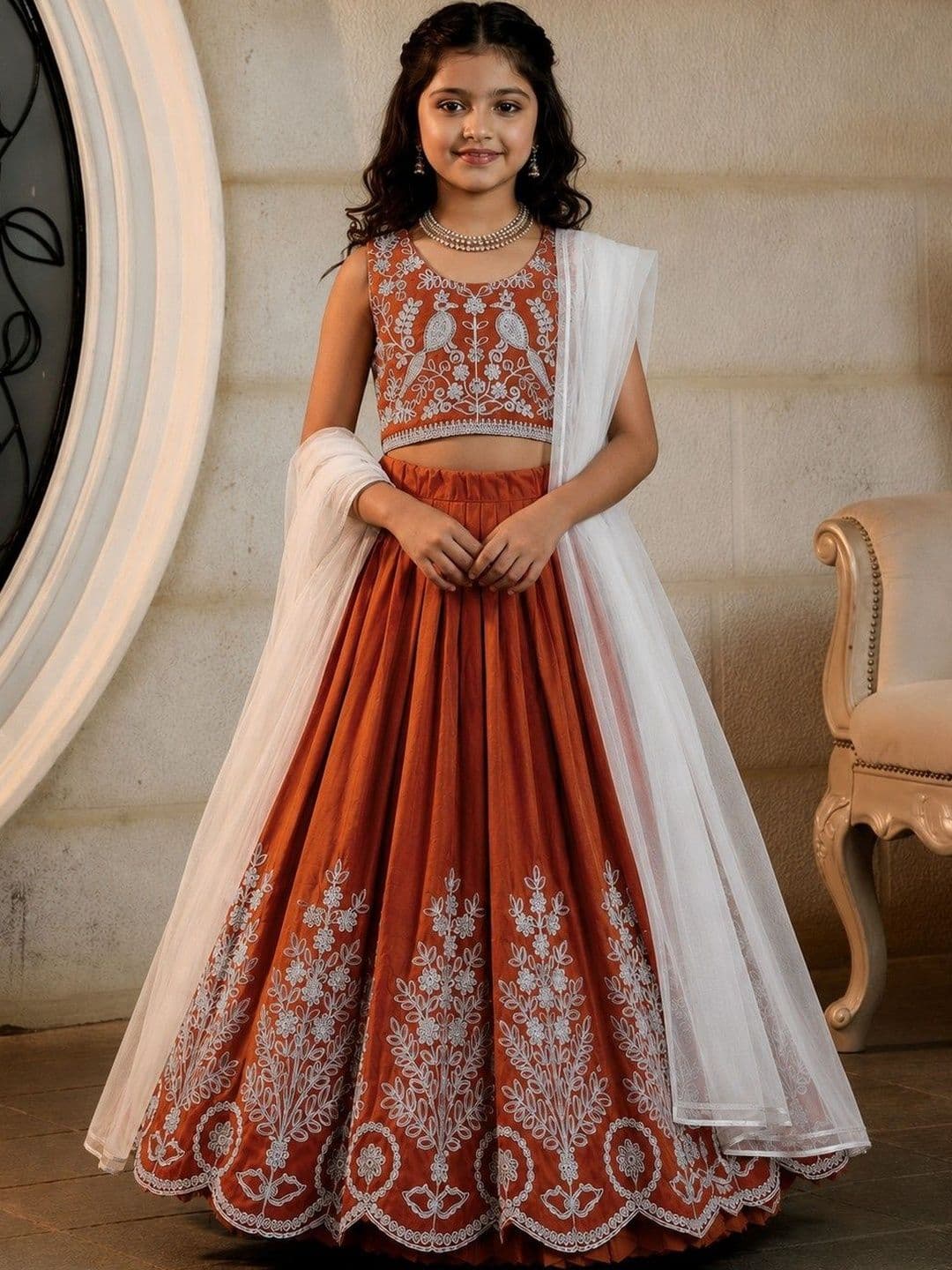 KALINI Girls Embroidered Thread Work Ready to Wear Lehenga & Blouse With Dupatta - view 1