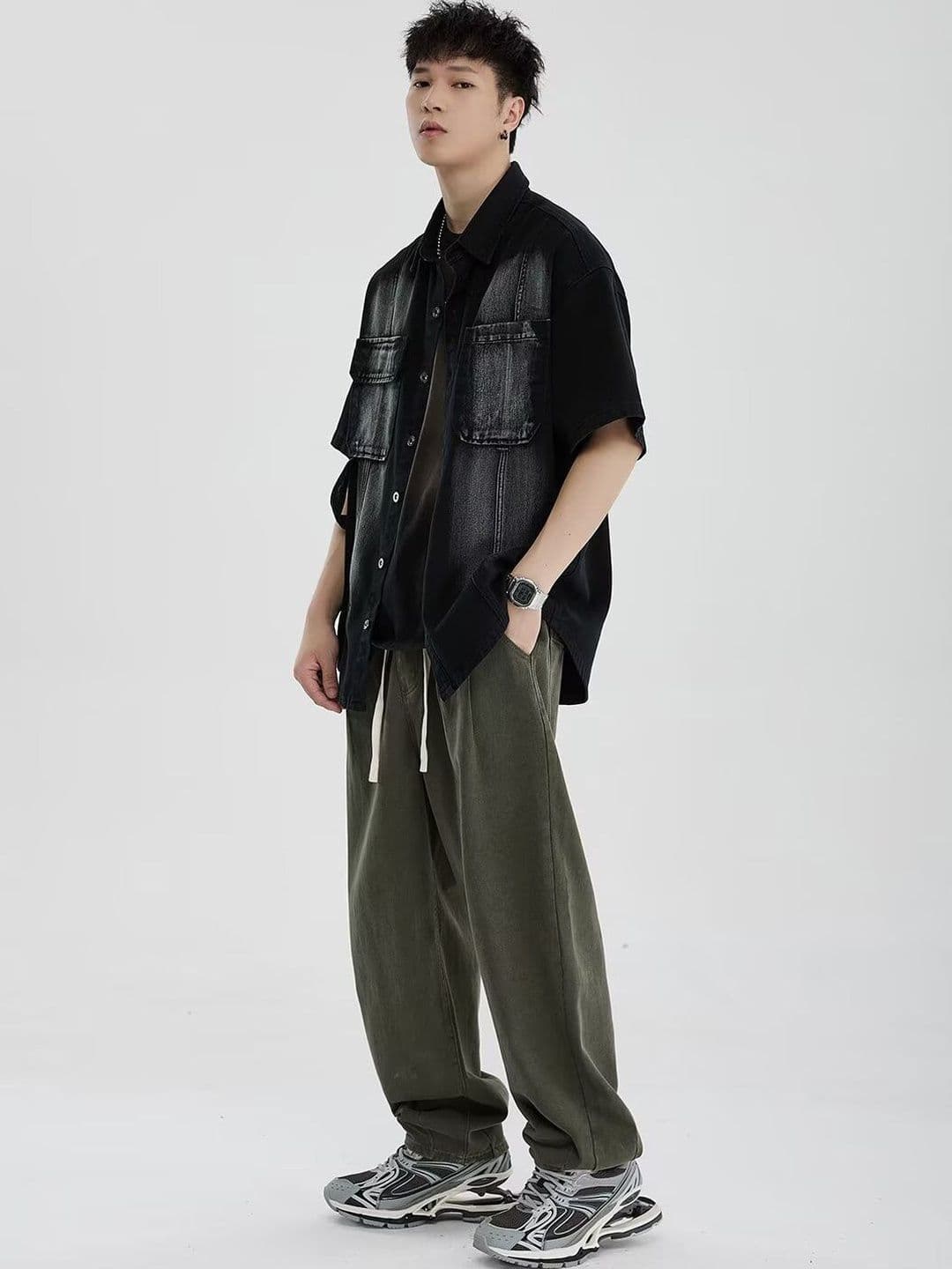 Suo Men Spread Collar Washed Denim Jacket - view 1