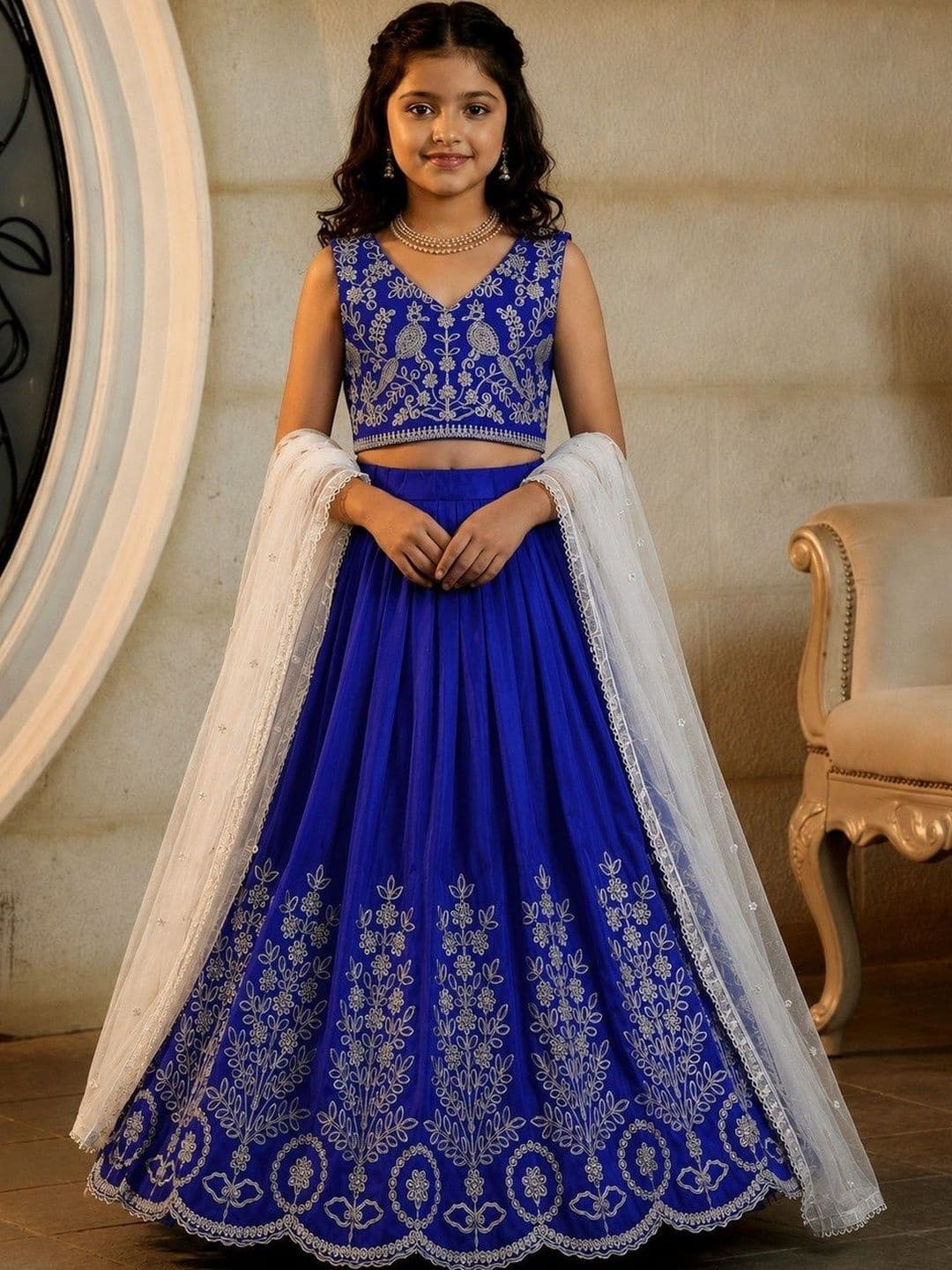 KALINI Girls Embroidered Thread Work Ready to Wear Lehenga & Blouse With Dupatta - view 1