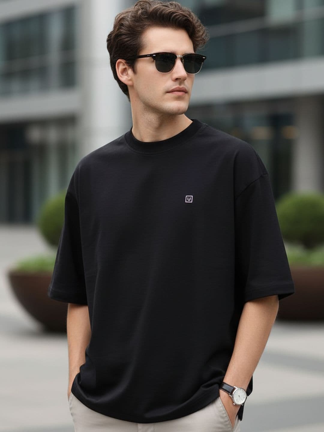 Urbano Fashion Men's Jet Solid Round Neck Oversized Half Sleeve Cotton T-Shirt - view 1