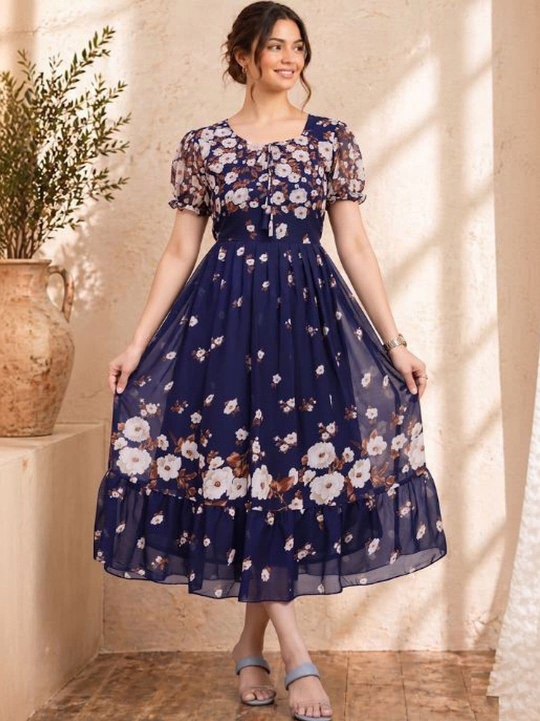 QENA Floral Print Puff Sleeve Ruffled Georgette A-Line Maxi Dress - view 1