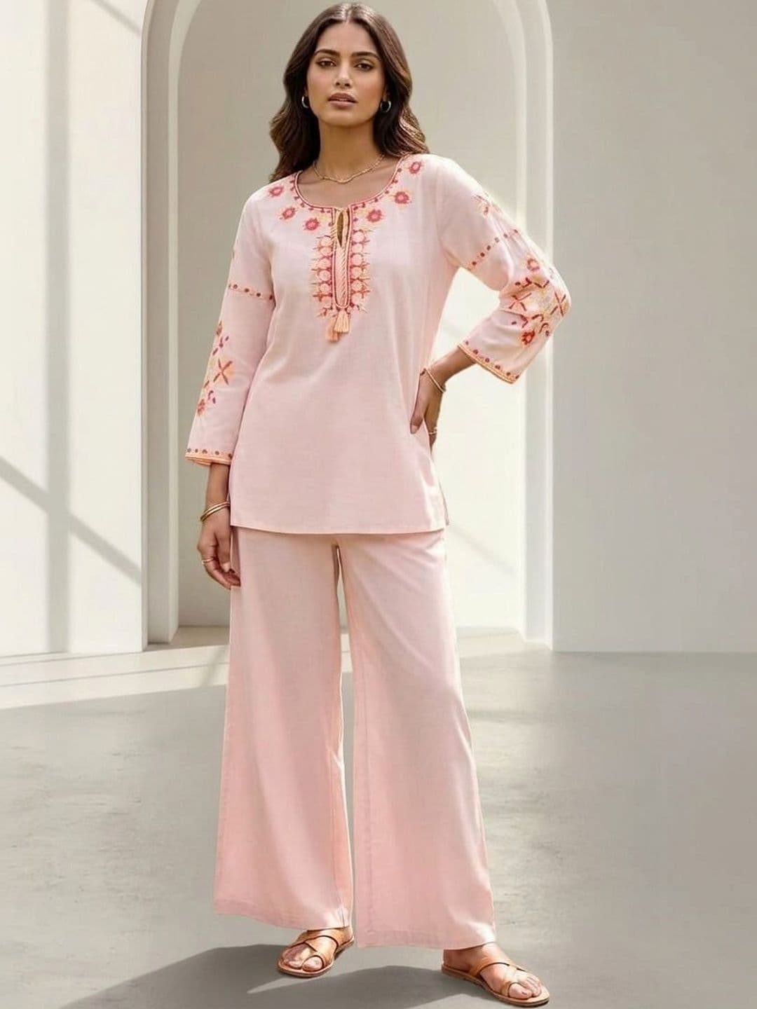 Philauri Bohemian Cotton Embroidered Tunic with Palazzos - view 1