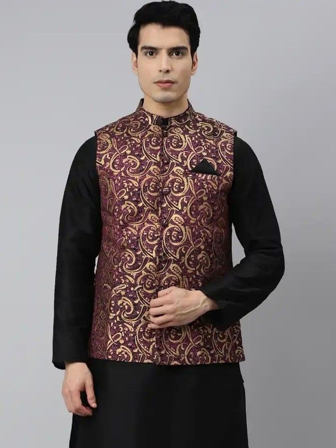 Tulsattva Woven Design Mandarin Collar Neck Woven Nehru Jacket - view 1