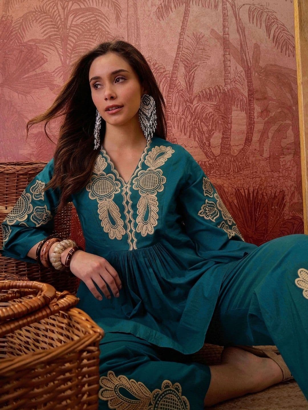 Sangria Bohemian Cotton Embroidered Tunic with Palazzos - view 1