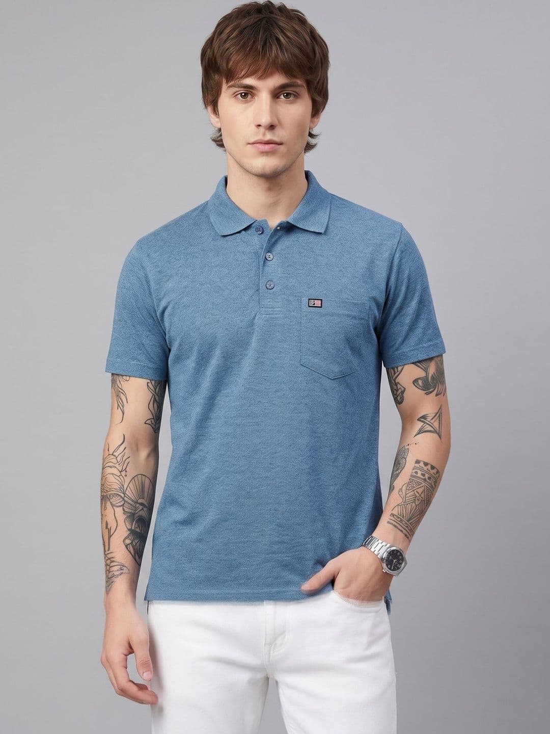 Moda Rapido Men Brand Logo Polo Collar Pockets T-shirt - view 1
