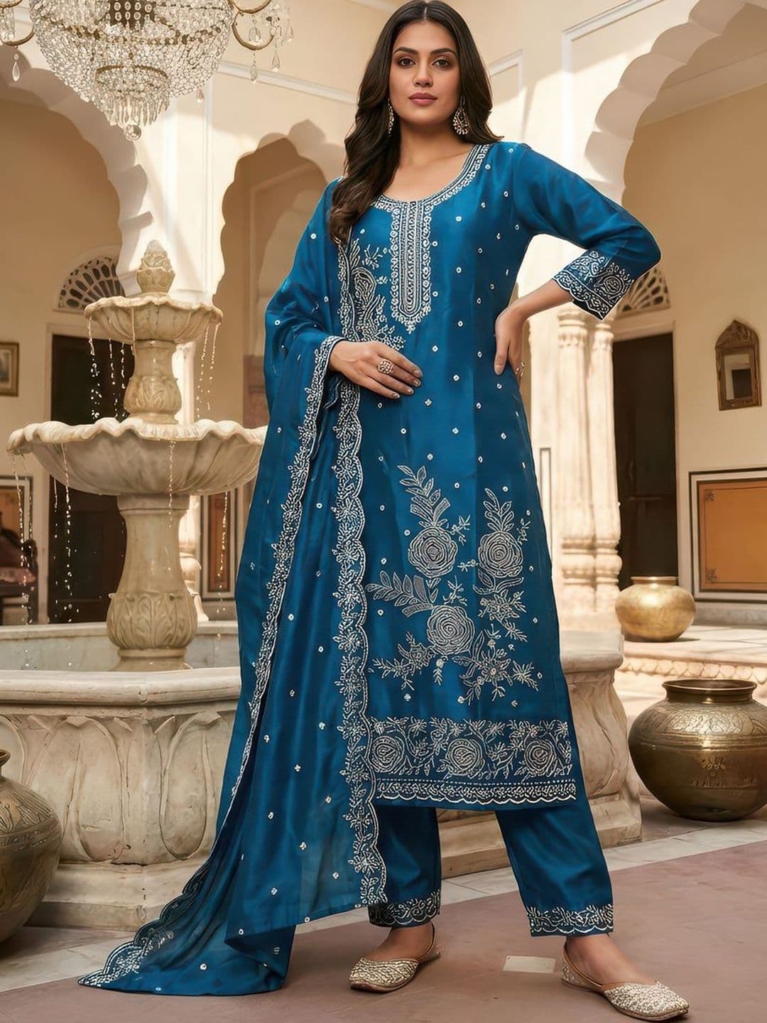 Moda Rapido Women Ethnic Motifs Embroidered Regular Thread Work Kurta with Trousers & With Dupatta - view 1