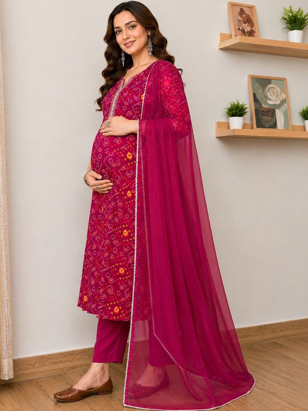 Assume Fab Women Bandhani Printed Regular Thread Work Kurta with Trousers & With Dupatta - view 1
